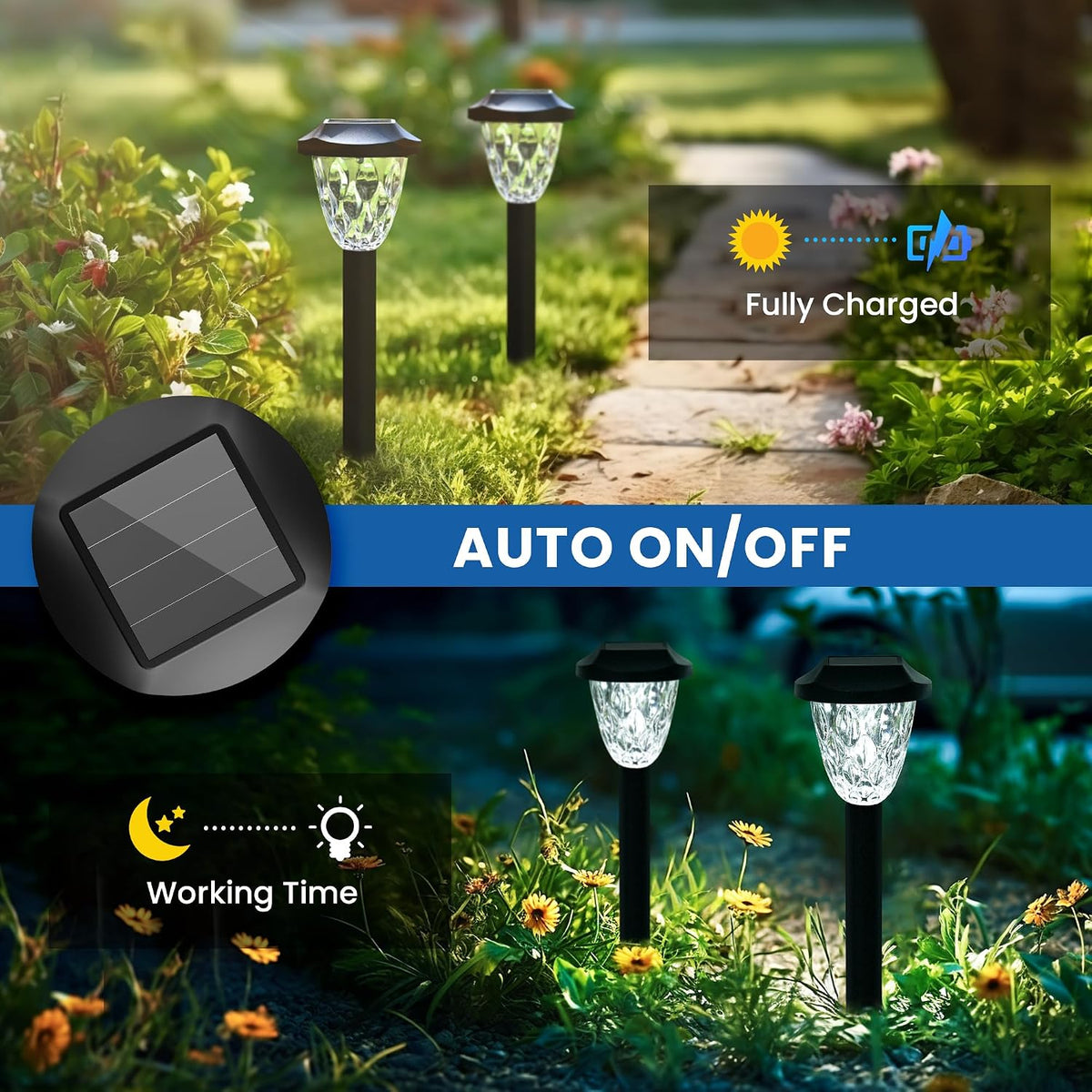GIGALUMI Solar Pathway Lights, 8 Pack Outdoor Waterproof | Elegant pattern auto on/off dusk to dawn. Perfect for yard, garden, walkway, driveway, lawn. 8-pack landscape set.