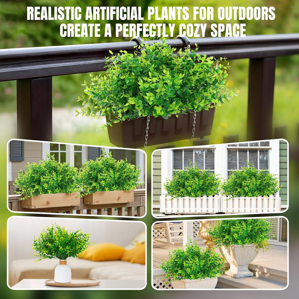 Outdoor Artificial Greenery Plants 8 Pcs UV Resistant Non-Fading Boxwood Shrubs Fake Bushes