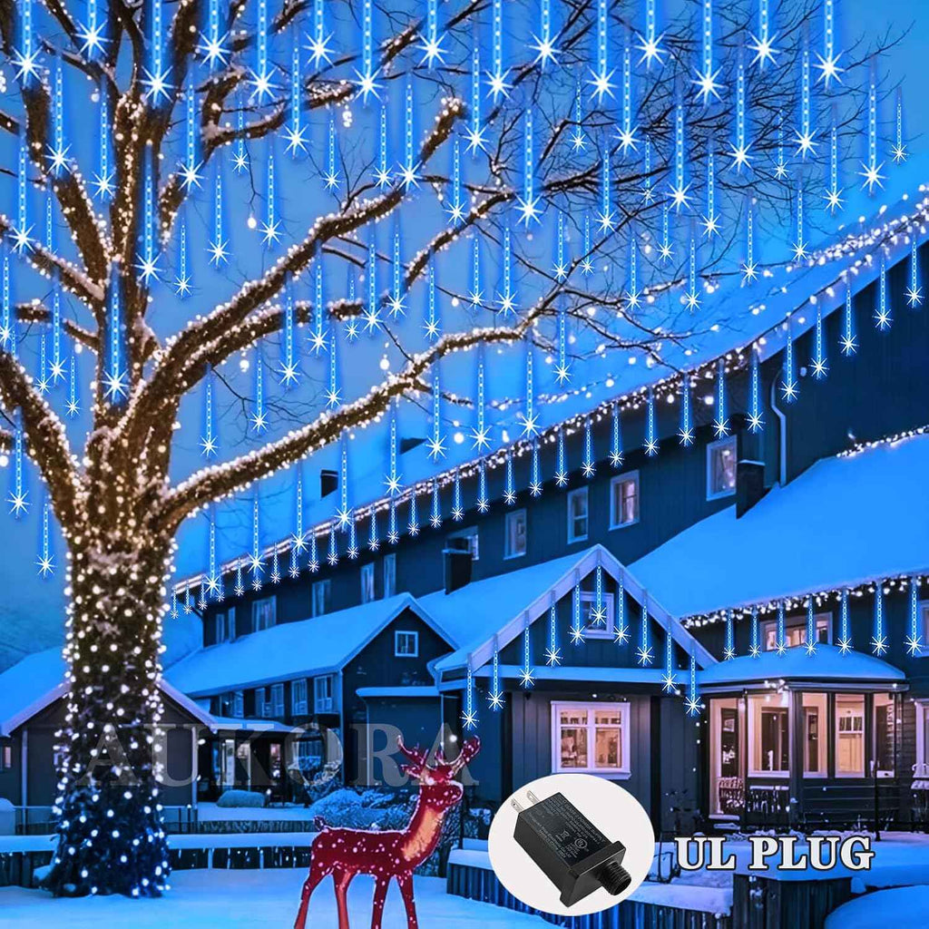 Aukora Christmas Lights Outdoor, UL Certified Blue Meteor Shower Lights | 8Tubes 192LED Falling Rain Drop Snow Icicle String Lights, Decor for Xmas Tree Party Wedding Holiday Yard Backyard Patio