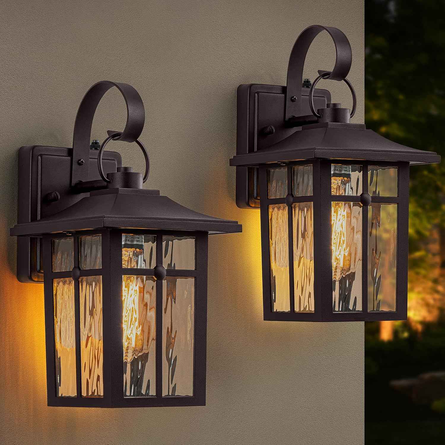 2 Pack Dusk to Dawn Outdoor Wall Lights, Brown Porch Lanterns | Aluminum Garage Light, Ripple Glass, Weather Resistant, For Garage Patio Entryway