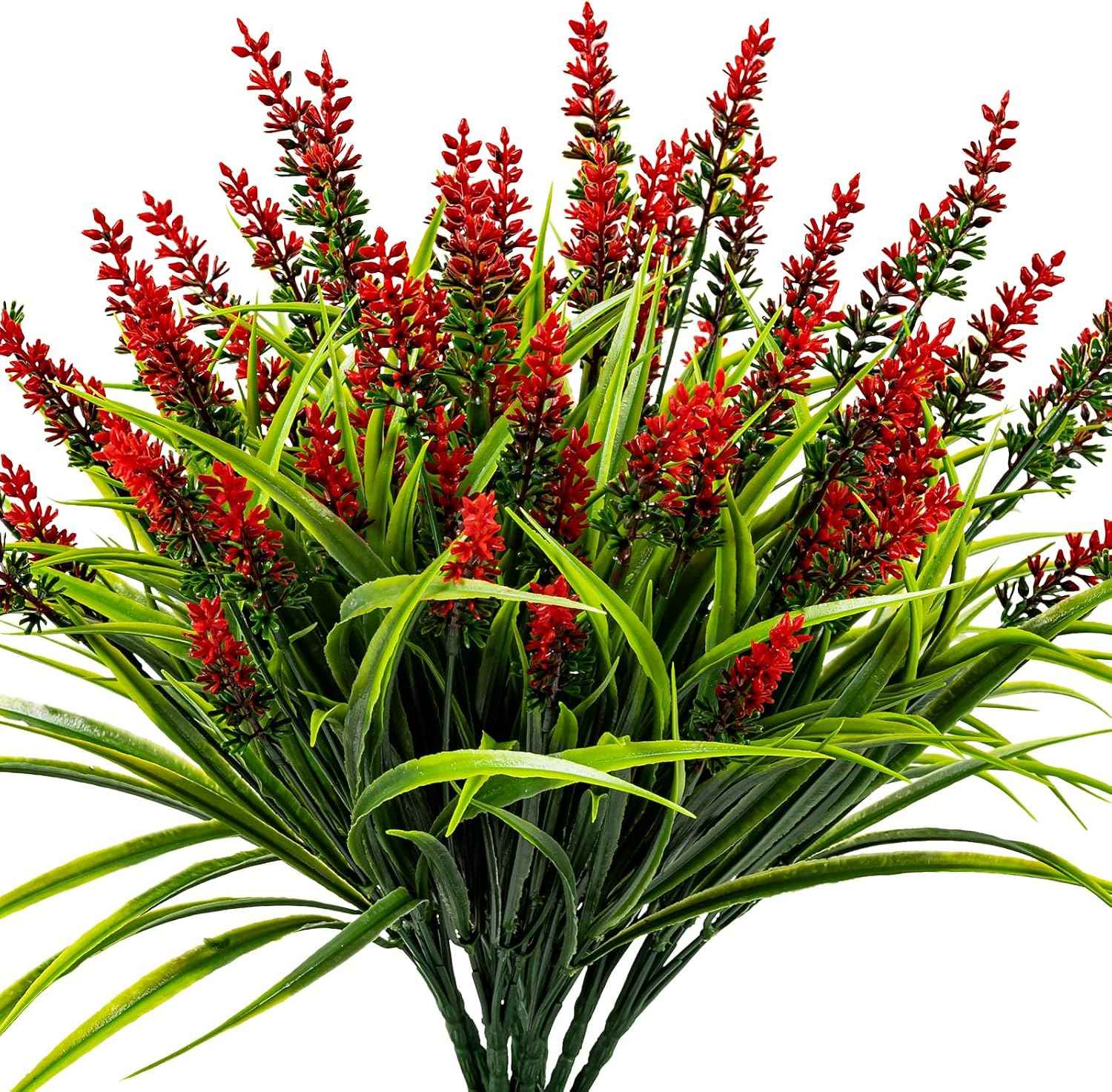 Artificial Flowers for Outdoor Plants 24Bundles Fake Lavender UV Resistant | Realistic Plastic Faux Monkey Grass for Greenery Outdoor Artificial Plants Garden Patio Front Porch for Decor (Red)