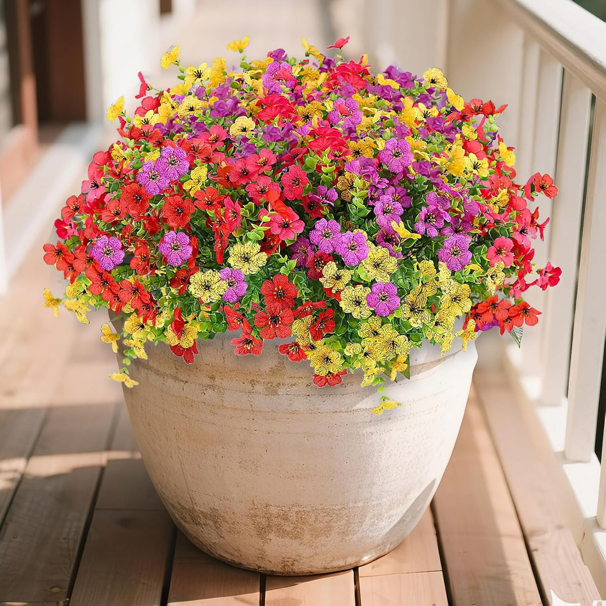Artificial Flowers for Indoor & Outdoor Decoration - 12 Bundles Faux Daisies with Eucalyptus Leaves Fake Greenery for Garden, Home, Porch, Patio, Boxwood (12 Pcs Mix Pink Red Purple Yellow)