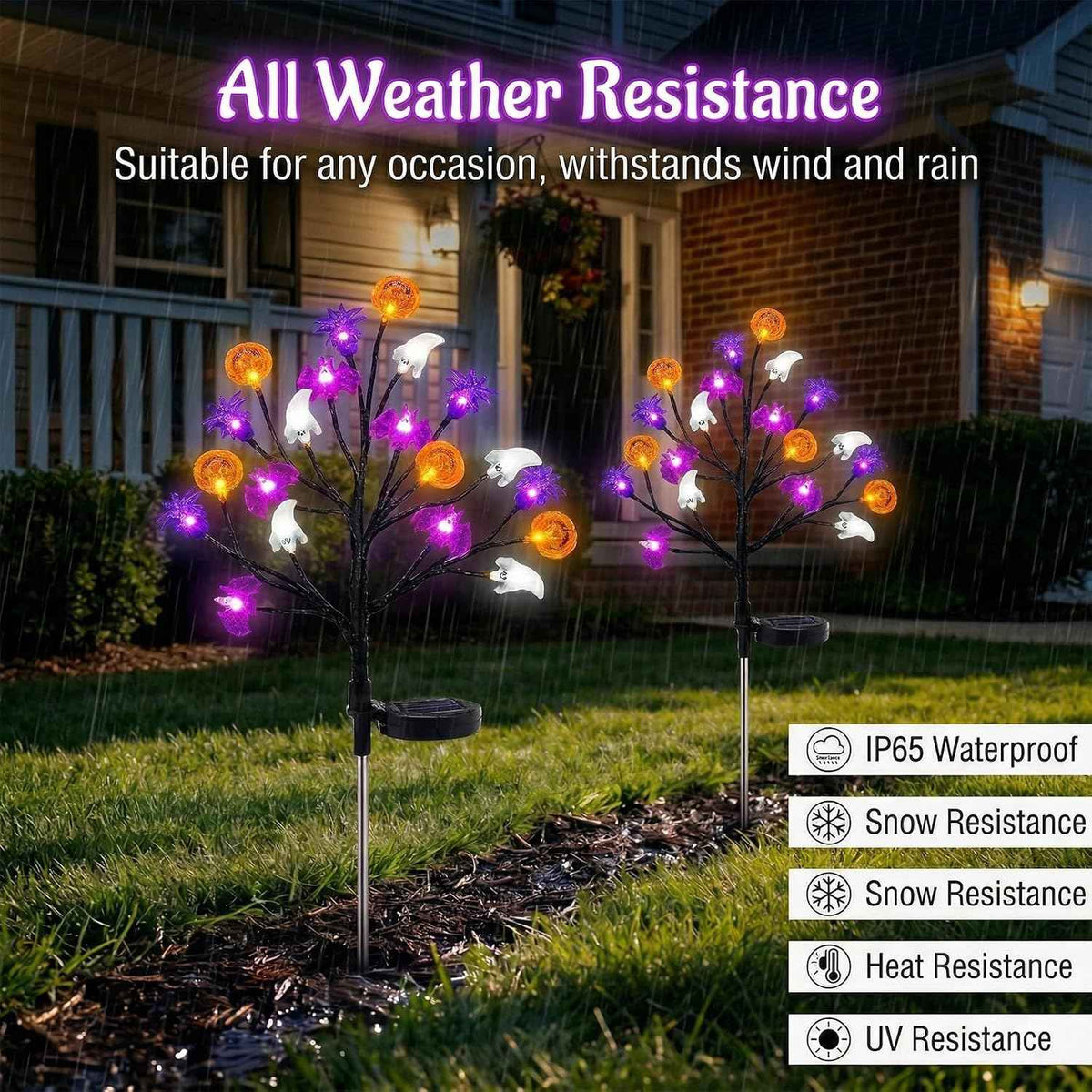 2-Pack Halloween Decorative Outdoor Solar Lights, 20 LED Bulbs Waterproof Garden Lights, 3D Pumpkin Bat Spider Maple Lights with 8 Lighting Modes, Solar Stake Lights for Halloween's Decor (Purple)
