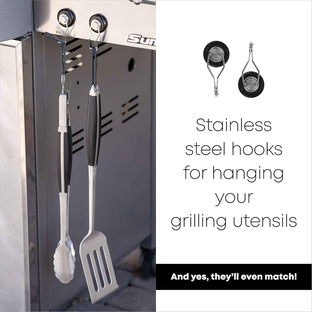BBQ Tools | 18" Tongs & Spatula | Grill Mat | 2 Magnetic Hooks | Heavy-Duty Metal Tongs and Spatula, 2 Strong Magnetic Hooks for Grill-Side Hanging, Reusable BBQ Grill Mat