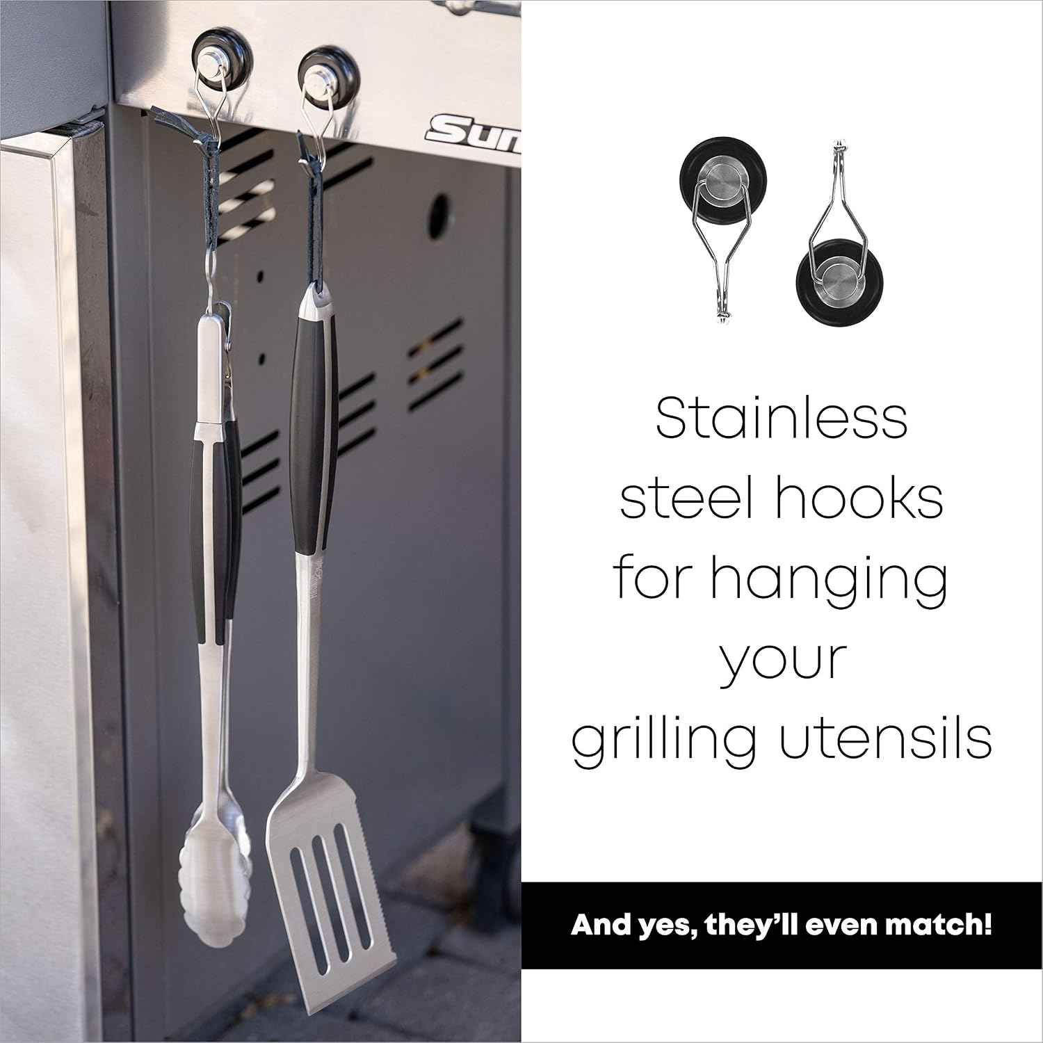 BBQ Tools | 18" Tongs & Spatula | Grill Mat | 2 Magnetic Hooks | Heavy-Duty Metal Tongs and Spatula, 2 Strong Magnetic Hooks for Grill-Side Hanging, Reusable BBQ Grill Mat