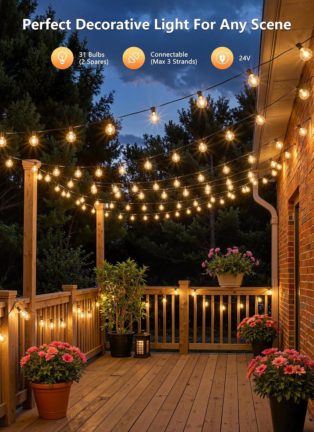 100Ft Outdoor String Lights with Remote, Dimmable G40 LED Bulbs, Waterproof | Shatterproof Connectable Hanging Patio Lights for Porch, Backyard, Bistro, Deck, Balcony, Home, Garden Decor
