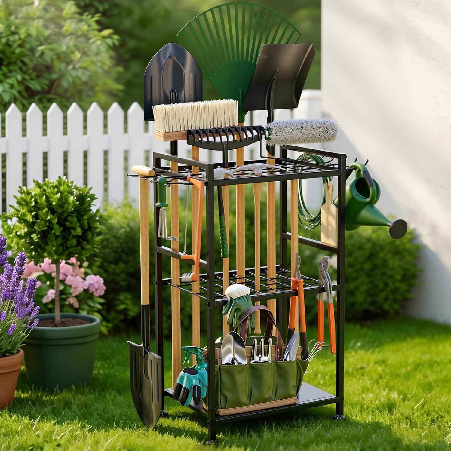 SPACECARE Garden Tool Organizer with Feet Up to 35 Long-Handled Tools Black | Yard Tower Rack for Garage Organization and Storage, Heavy Duty Steel Garden Tool Stand for Shed, Outdoor (Rakes/Brooms)