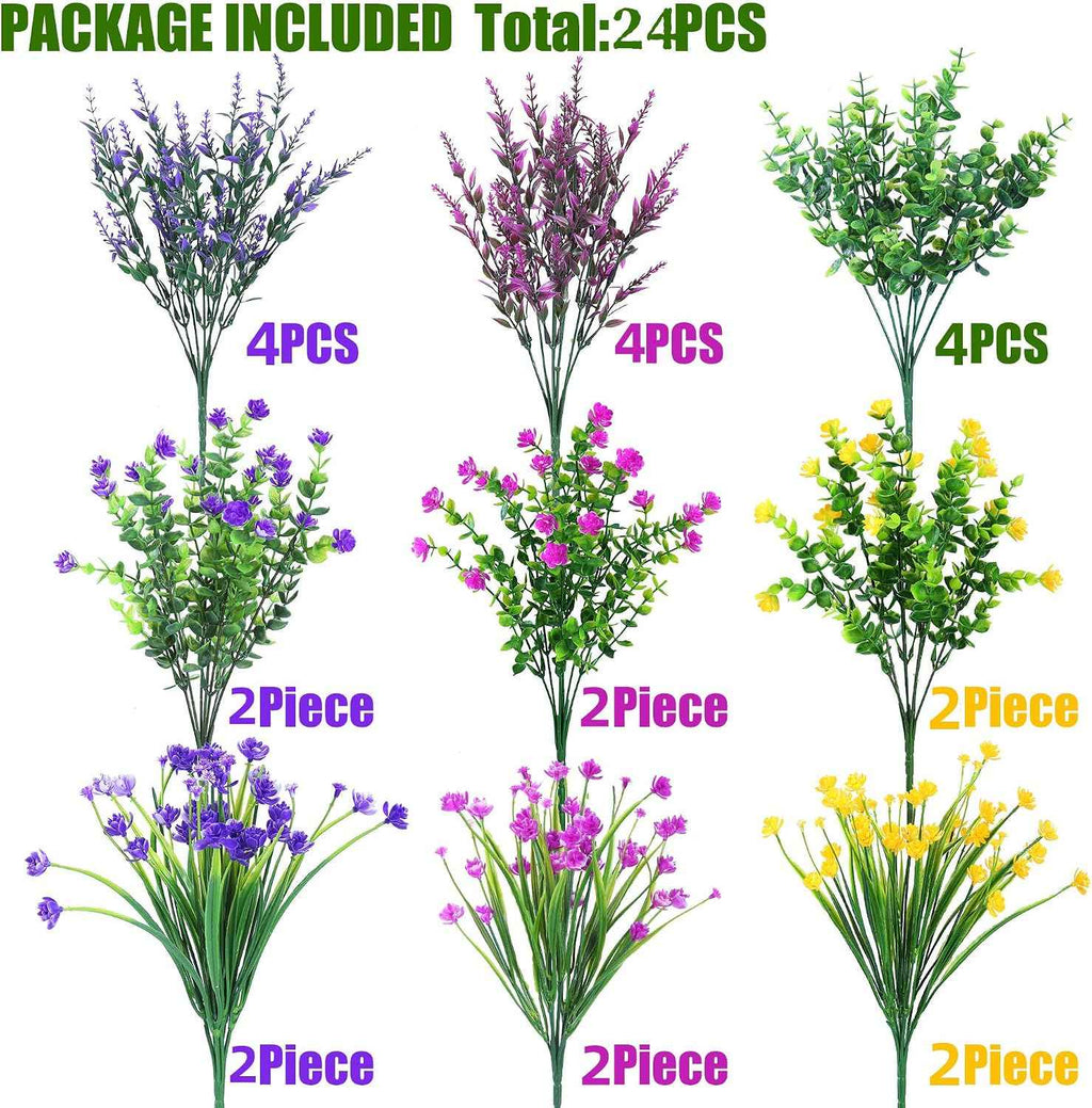 Sggvecsy Artificial Flowers for Outdoors 24 Bundles UV Resistant Boxwood Shrubs Artificial Eucalyptus Fake Plants Faux Plastic Greenery for Farmhouse Garden Indoor Outdoor Home Decoration（Mixed color）