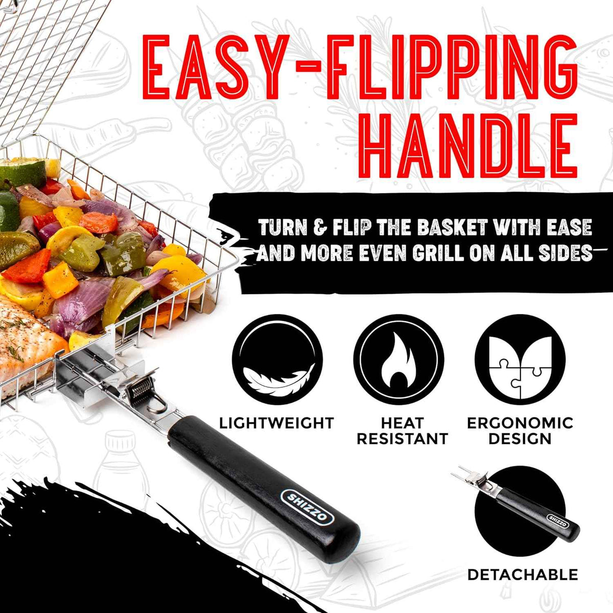 SHIZZO Grill Basket Gift Set with Skewers, Basting Brush, Gift Box | Removable Handle, Stainless Steel BBQ Grilling Rack for Fish Vegetables, Outdoor Camping Accessory, Gifts for Men Dad Husband