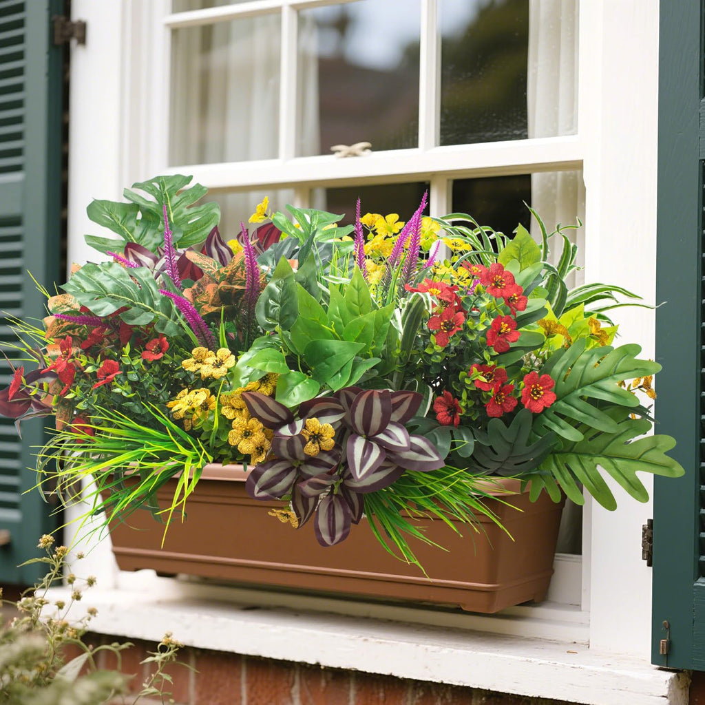 Grunyia 20PCS Fake Flowers UV Resistant Artificial Plants & Faux Shrubs - Outdoor Plastic Greenery Stems for Garden Porch, Window Box Planter, Home Decor(Pot Not Included)