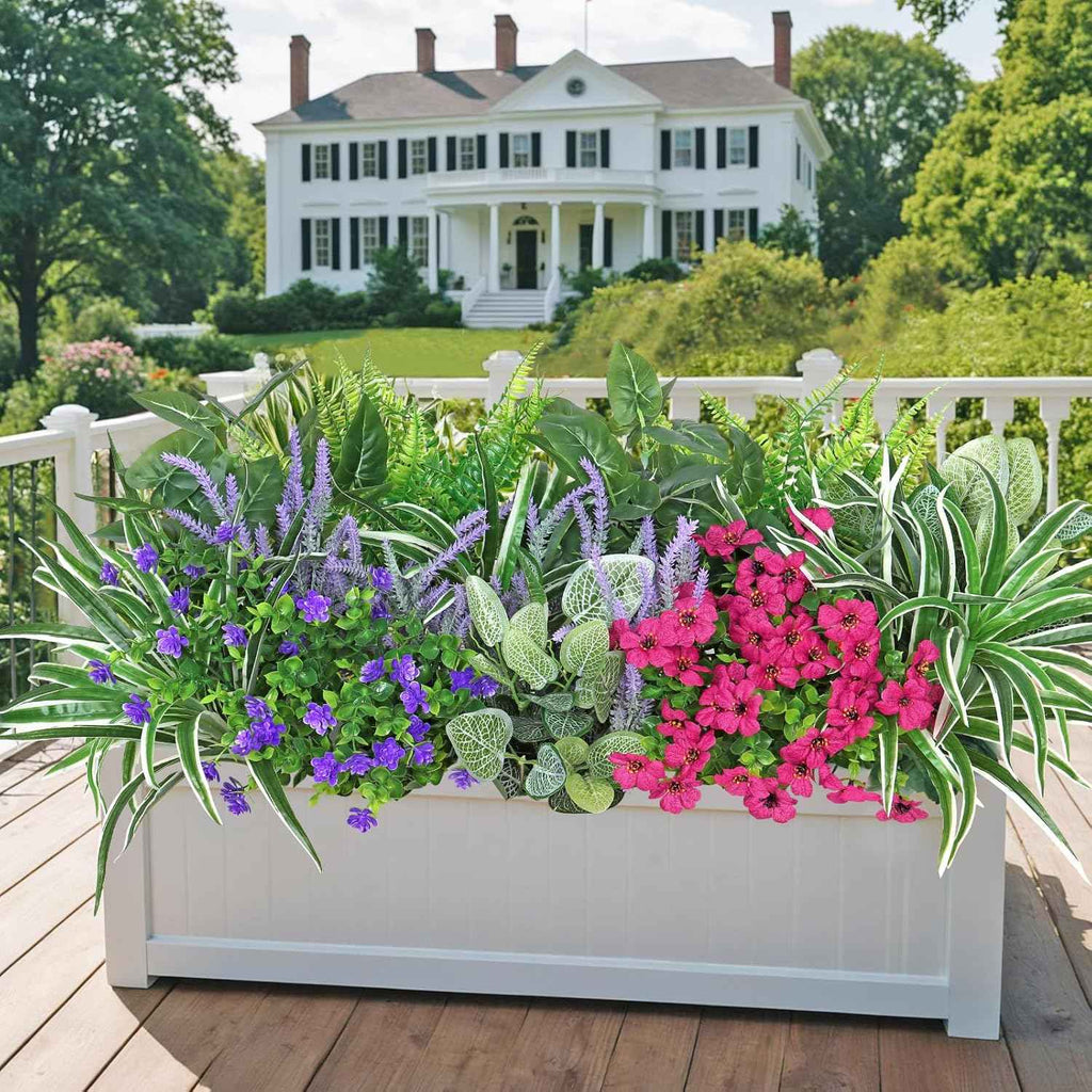20 Bundles Artificial Plants Outdoor Fake Flowers Faux Greenery Stems | DEMIUKO UV Resistant Fake Ferns Shrubs Plastic Plants for Garden Patio Porch Yard Window Box Home Decor