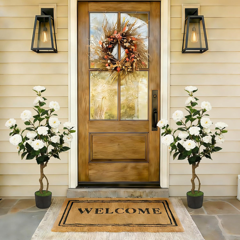 Artificial Camellia Tree 2 Pack, 42'' Faux Camellia Plant in Pot with 24 Blooming Flowers, Fake Greenery Potted Plant for Indoor Outdoor Home Floor Office Porch Decor (White)