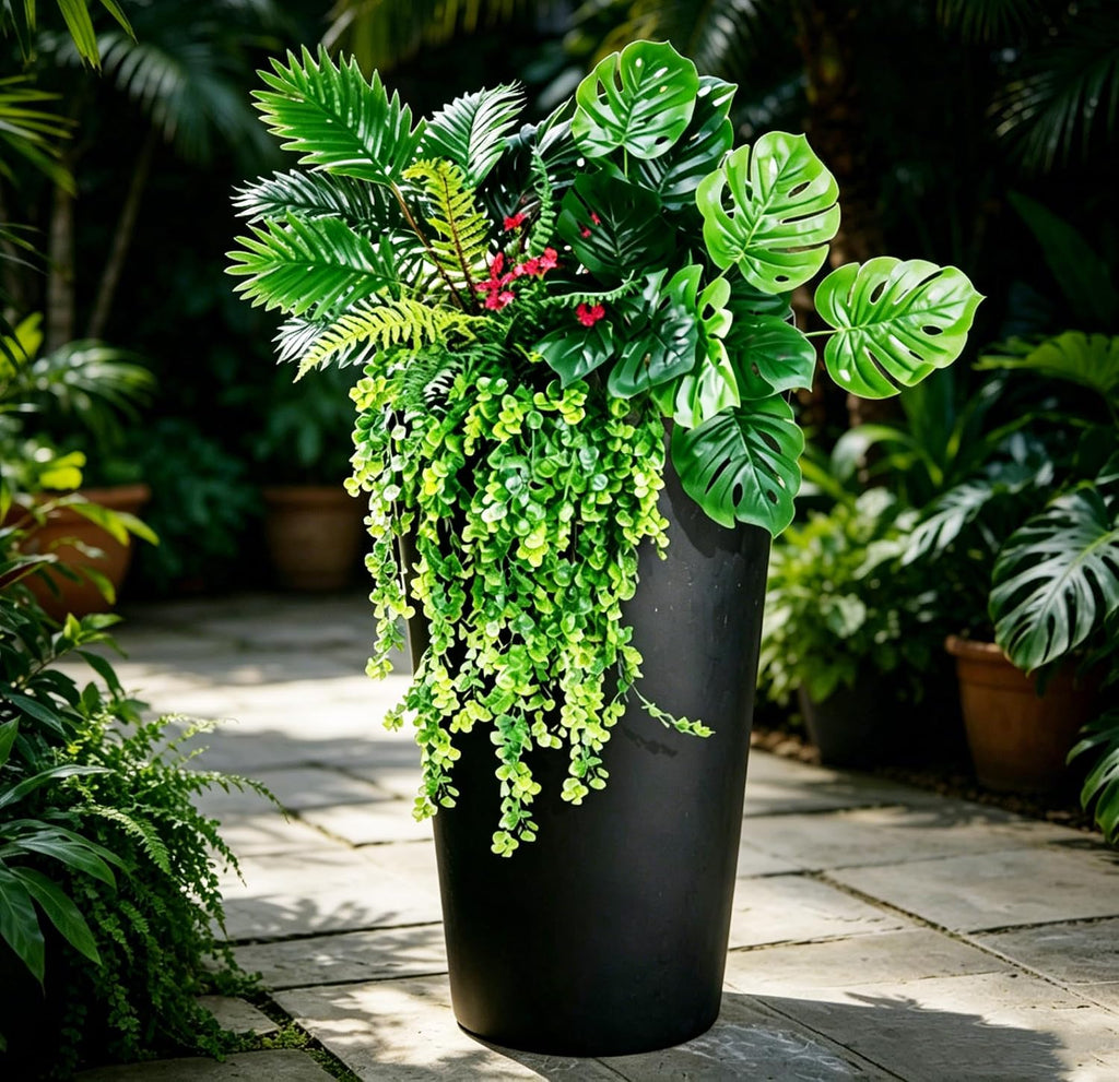 8 Bundles Large Artificial Plants Outdoor UV Resistant, Faux Greenery with Tropical Leaves & Hanging Ferns, Realistic Fake Plants for Outdoor Planters, Front Porch, Patio, Window Boxes, Garden Decor