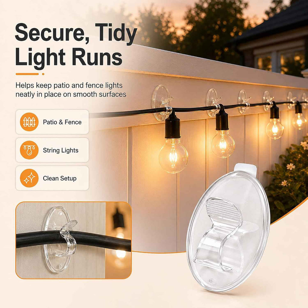 Outdoor String Lights Adhesive Hooks - 20Pcs Clips 3X Stronger Adhesion | Heavy Duty Waterproof Sticky Strips - Clear Removable Cord Holders - Hanging Christmas Decor - Patio Fence Wall Indoor Garage