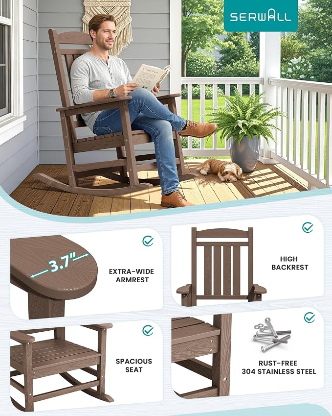 SERWALL HDPE Outdoor Rocking Chair Set of 2, Patio Rocking Chairs, All-Weather - Image 5