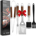 Grill Set, Grill Tools for Outdoor Grill Utensils Set BBQ Accessories | Grilling Tools Set, Spatula, Fork, Brush, Tongs & Cleaning Brush, Gifts for Men Dad Him (Wood)