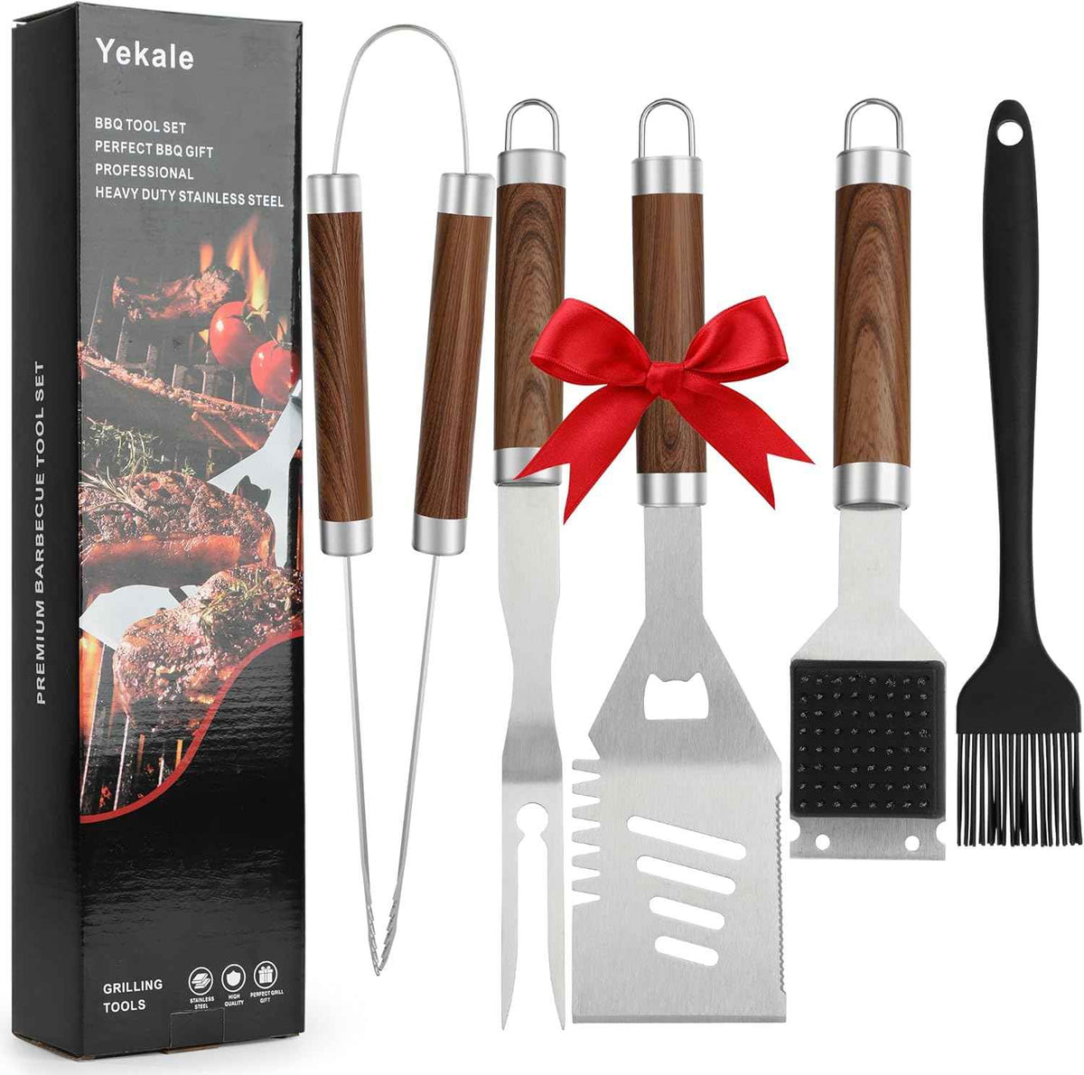 Grill Set, Grill Tools for Outdoor Grill Utensils Set BBQ Accessories | Grilling Tools Set, Spatula, Fork, Brush, Tongs & Cleaning Brush, Gifts for Men Dad Him (Wood)