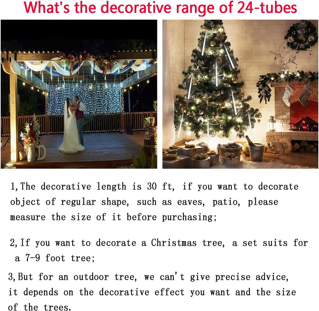 Christmas Lights Outdoor, 24 Tubes Meteor Shower Lights for Xmas Decoration | Equal to 3 Sets of 8-Tubes, Waterproof Snow Falling Icicle Lights for Xmas Yard Tree Party Window House, UL Plug, White