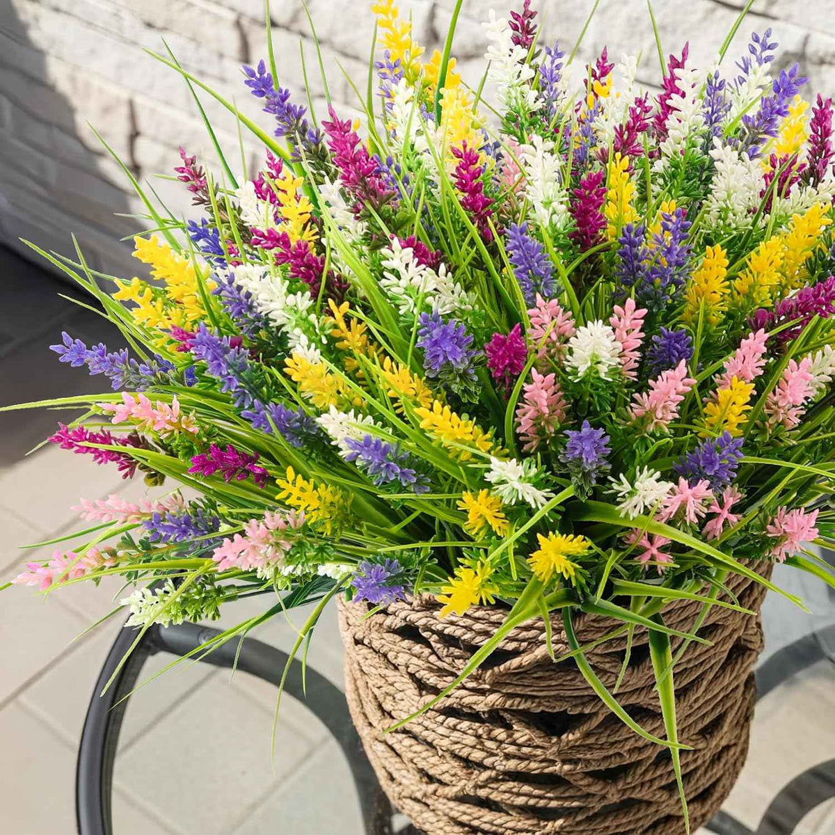 N&T NIETING 10 Bundles Artificial Plants Outdoor Fake Monkey Grass with Flowers Summer Plastic Faux Greenery for Pot Garden Verandah Decor Window Patio Hanging Planter Pathway Front Porch (Mix Color)