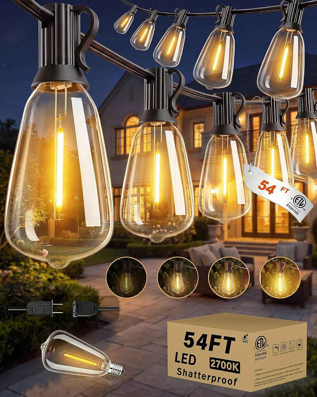 Outdoor String Lights 54FT Connectable ST38 Patio Lights Outdoor Waterproof | 15 Shatterproof Edison Bulbs Dimmable Plug-in, 2700K Warm White Hanging Light for Balcony Backyard Garden Porch Party Decor