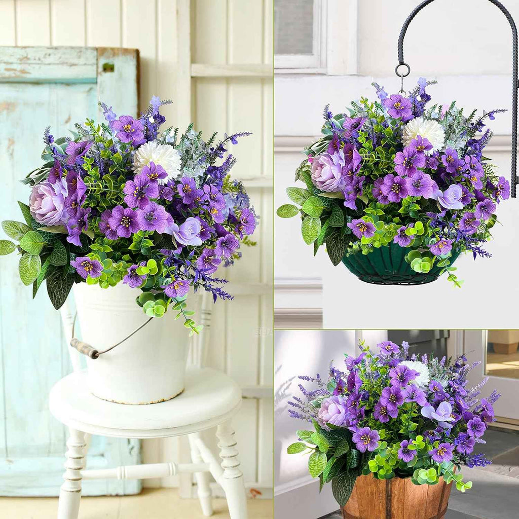 24Pcs Artificial Plants for Outdoor Faux Greenery & Flowers with Plastic Leave UV Resistant Fake Stems for Indoor Outside Garden Porch Window Box Home Décor