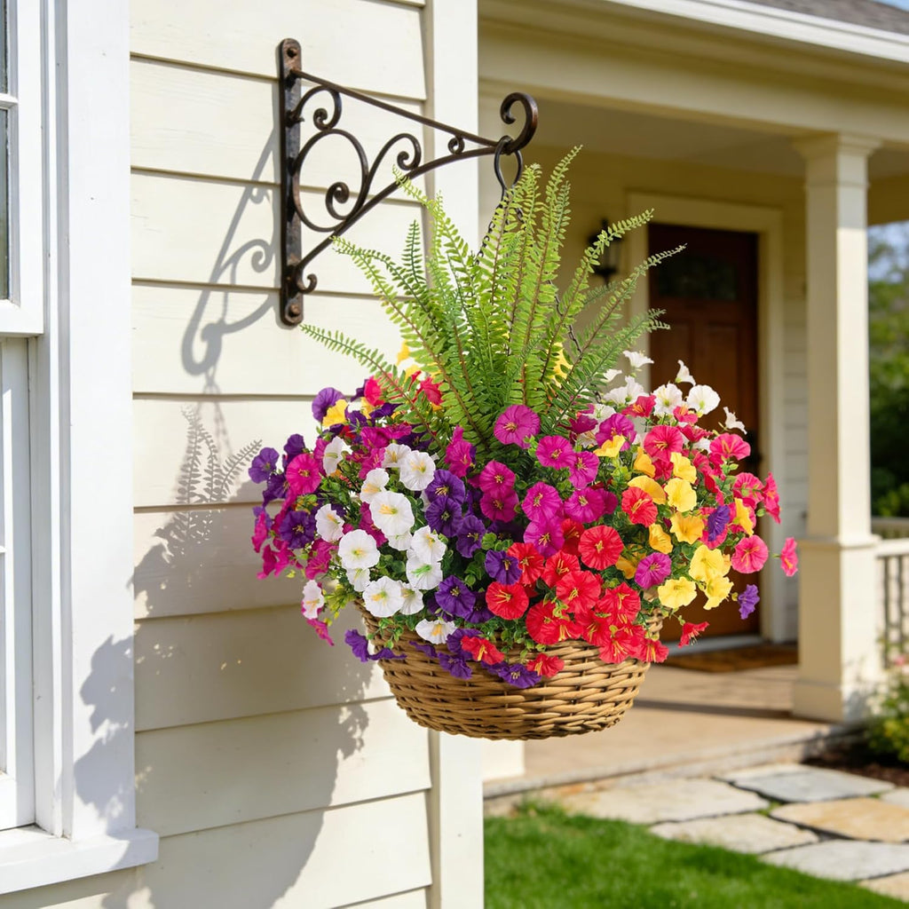 Artificial Flowers Fake Plants for Outdoors Decoration, 12 Bundles Silk Morning Glory with Boston Fern Realistic UV Resistant Faux Flowers for Outside Planter Yard Patio Garden Home Indoor Urn