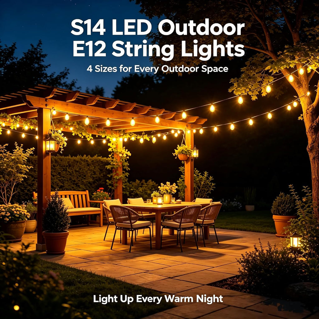 100FT S14 E12 Outdoor String Lights Waterproof Patio 24+1 (1 Spare) bulb | Outside Hanging Shatterproof S14 E12 LED Light Bulb for Parties Porch Garden Fences Backyard Outdoor Indoor