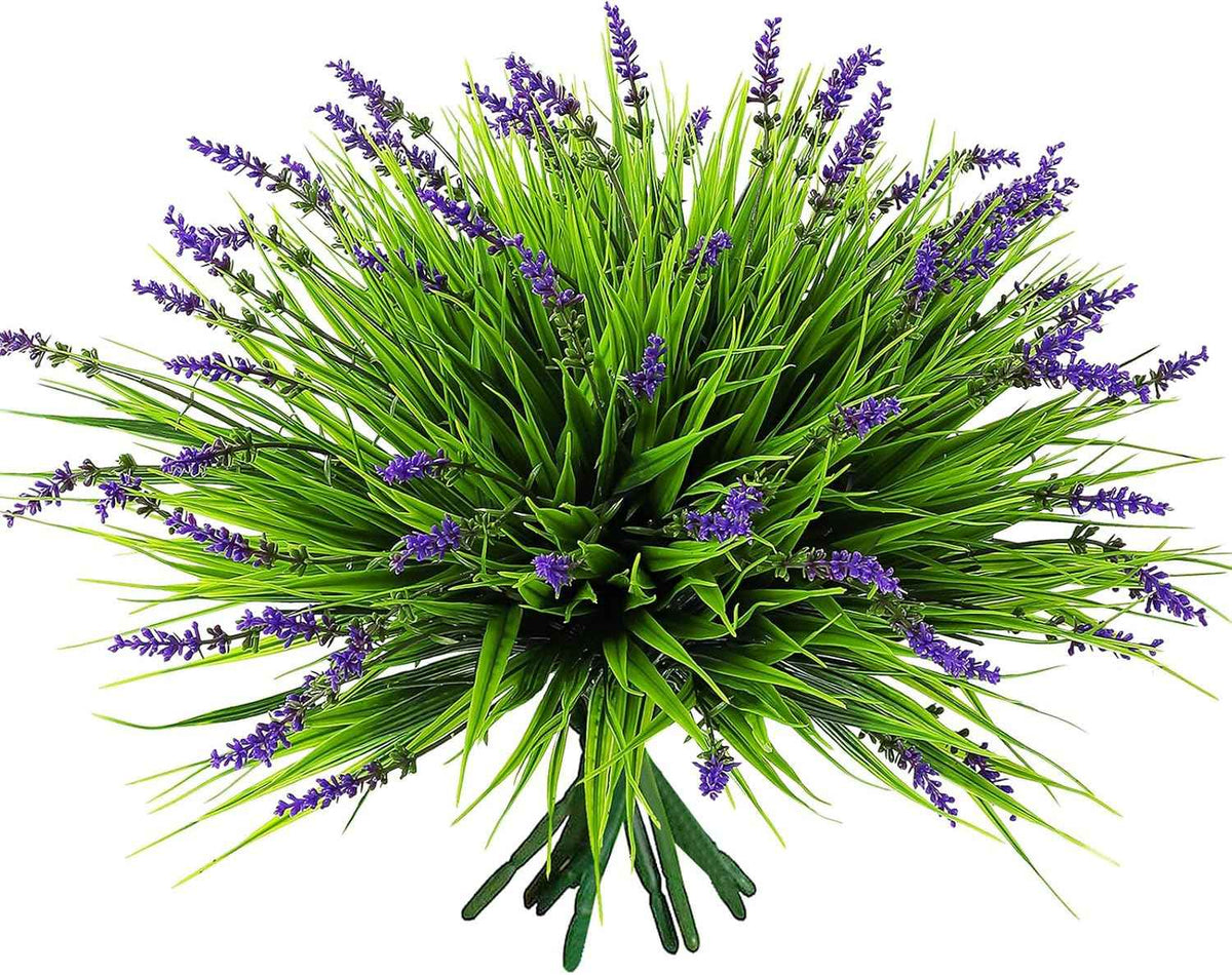 12 Bundles Artificial Grass Fake Plants，Outdoor Fake Monkey Tail Grass with Flowers for Pot UV Resistant Lavender Patio Garden Porch Home Window Hanging Planter Decor Faux Plastic Shrubs(Puper+Green)