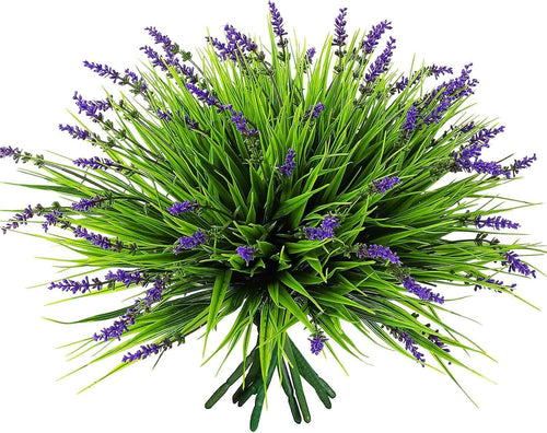 12 Bundles Artificial Grass Fake Plants，Outdoor Fake Monkey Tail Grass with Flowers for Pot UV Resistant Lavender Patio Garden Porch Home Window Hanging Planter Decor Faux Plastic Shrubs(Puper+Green)