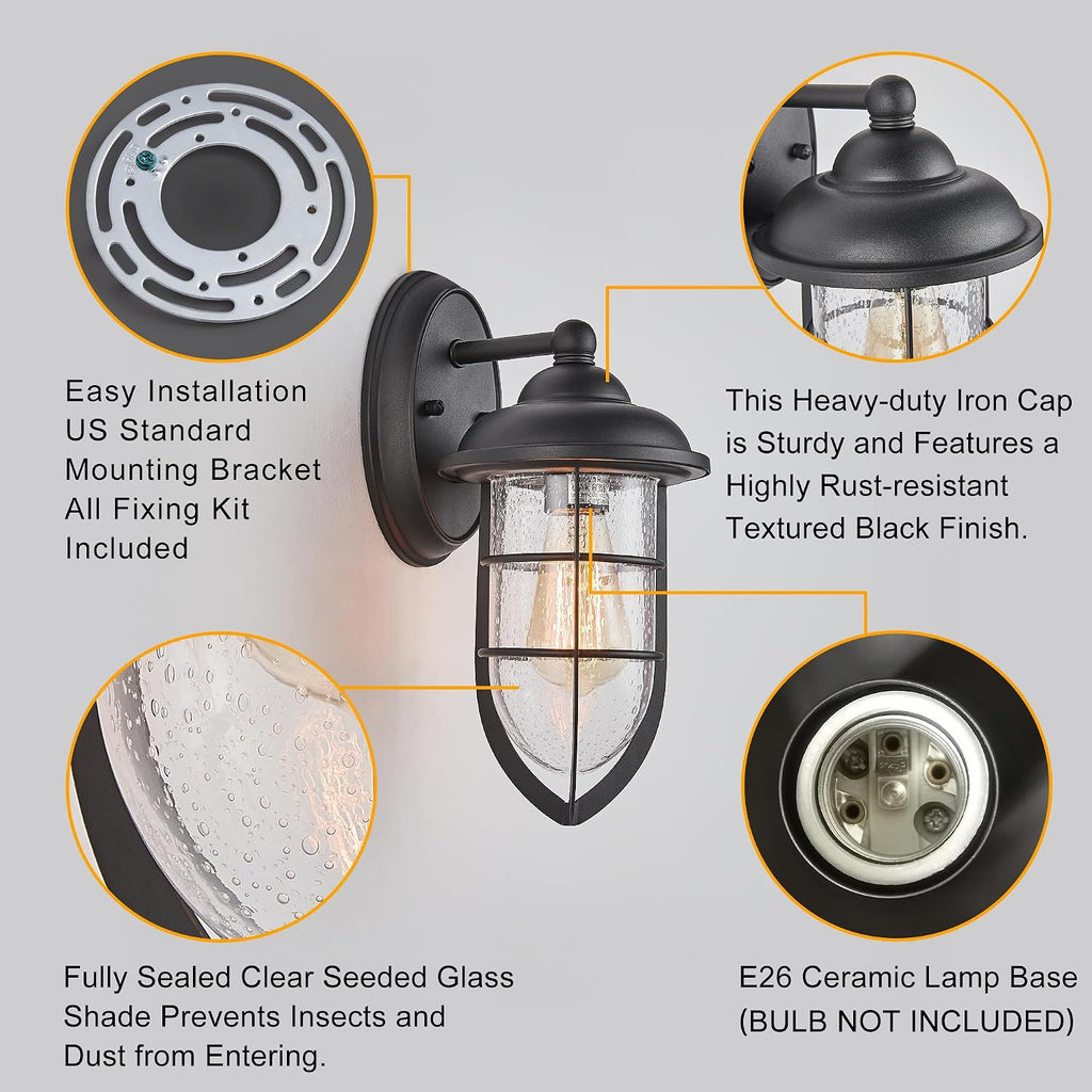Outdoor Wall Sconce, Black Textured Finish with Clear Seeded Glass Shade, IP65 Waterproof, Indoor/Outdoor Wall Light for Porch, Garage, Entryway, Patio, Garden - E26 Bulb Not Included