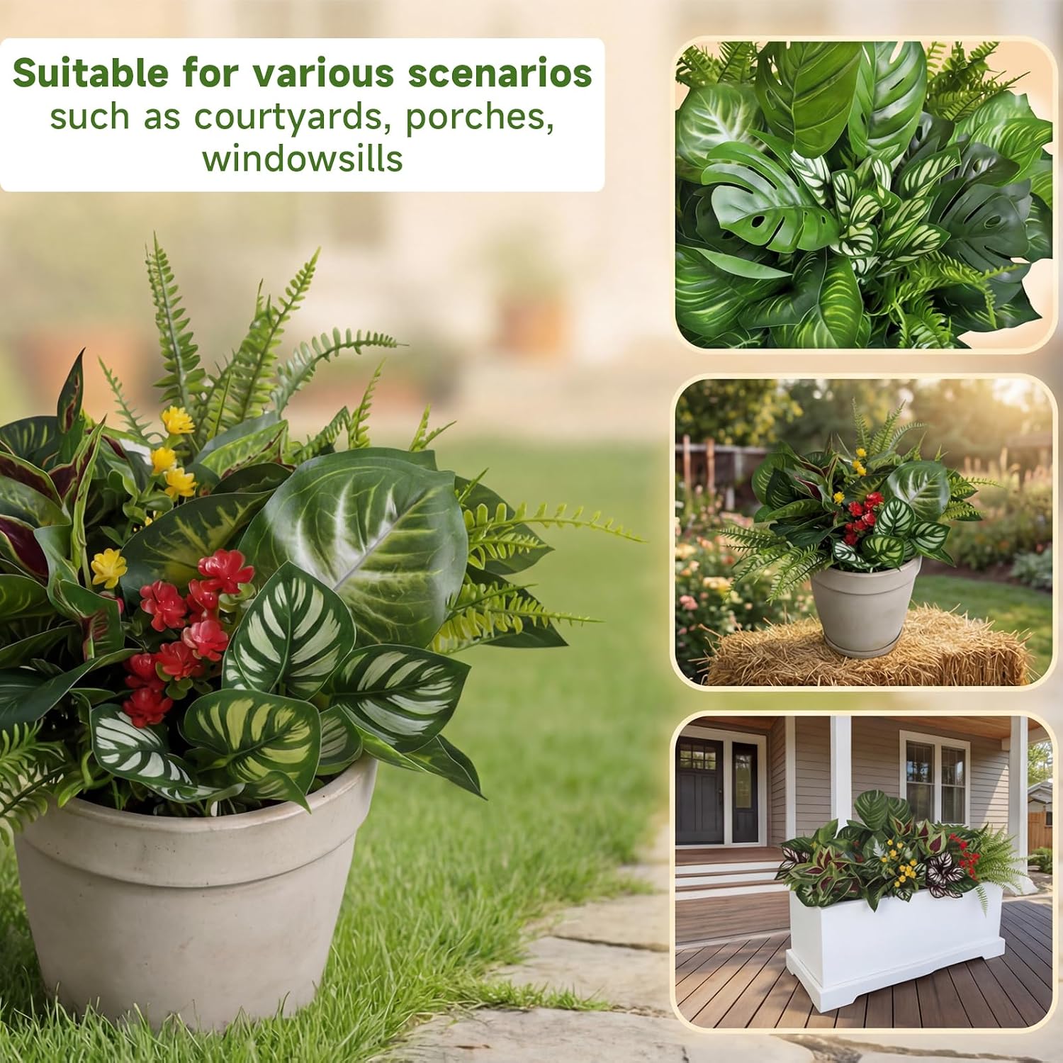 25 Bundles Outdoor Artificial Plants and Flowers Greenery Stems UV Resistant Fake Stems Plastic Leaves for Front Porch Home Decor Garden Porch Planter Window Box