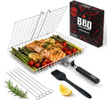 SHIZZO Grill Basket Gift Set with Skewers, Basting Brush, Gift Box | Removable Handle, Stainless Steel BBQ Grilling Rack for Fish Vegetables, Outdoor Camping Accessory, Gifts for Men Dad Husband