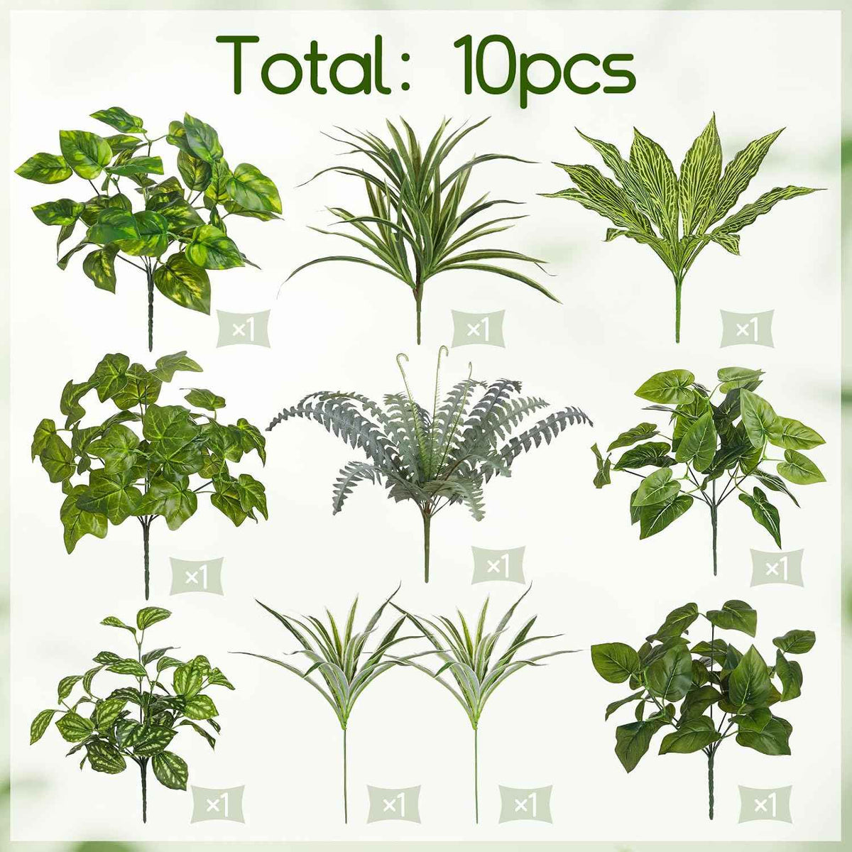 Pertivery 10 Bundles Artificial Plants, UV Resistant Outside Faux Plants Bushes, Large Fake Realistic Plastic Leaves and Stems, for Outdoor Garden, Patio, Yard,Porch Decor (Green)