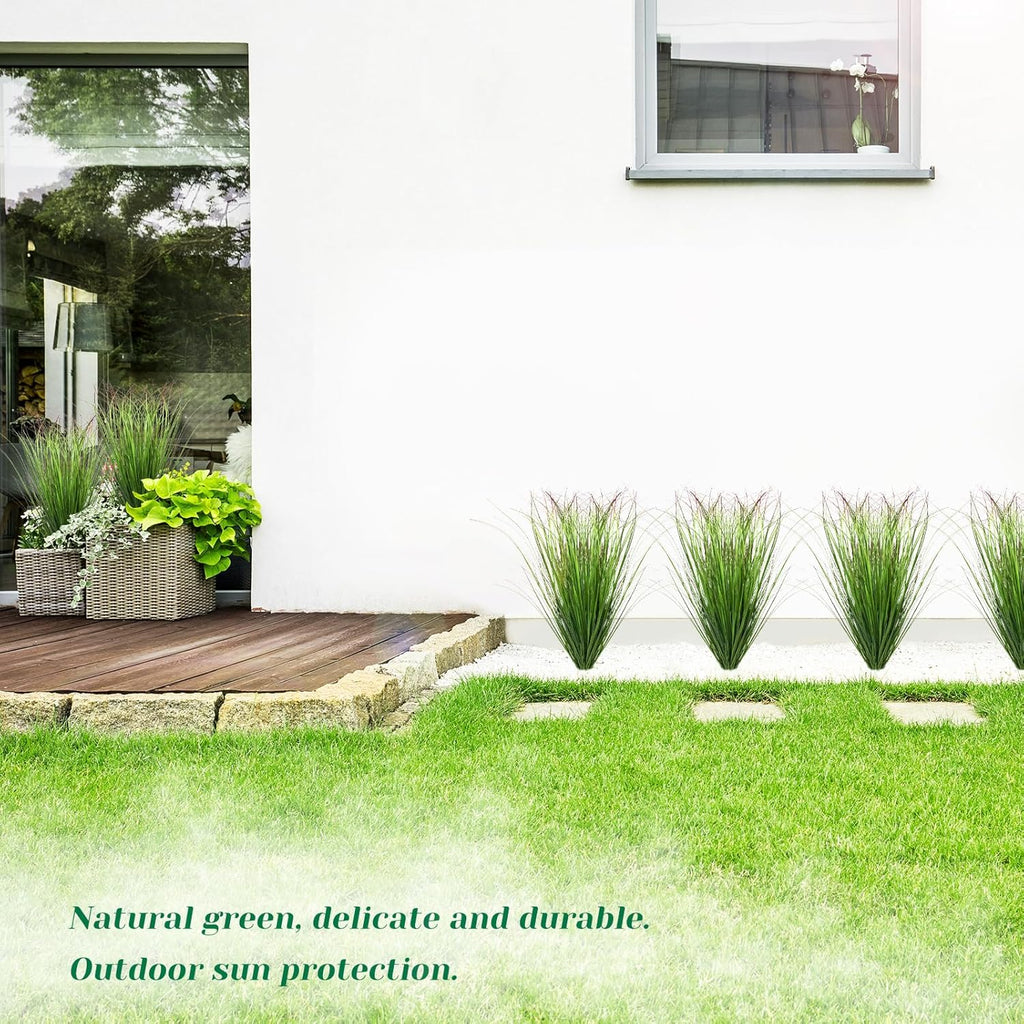 16 Bundles Artificial Grass Plants Outdoor Tall Faux Shrubs Greenery Stems Fake Onion Grasses Wheat Grass UV Resistant Faux Bushes Plant for Garden Indoor Office Home Decor（Red-Tipped Green）