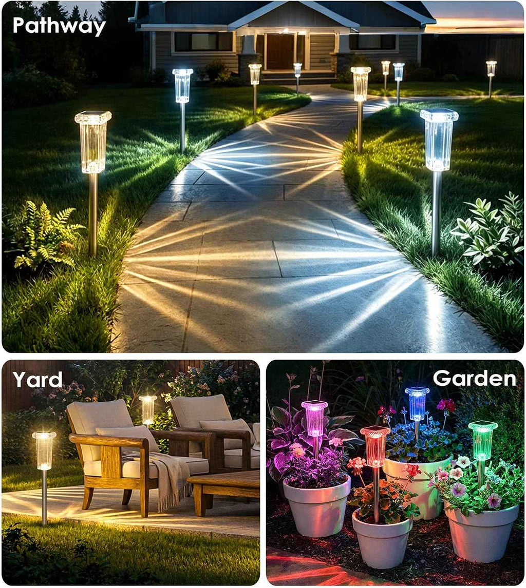 DenicMic Pathway Solar Lights Outdoor Waterproof 4 Pack Halloween Decor | 10 Color Mode LED Stake Lights for Yard Garden Driveway Walkway Landscape Path Lights Auto On/Off, Acrylic/Stainless Steel