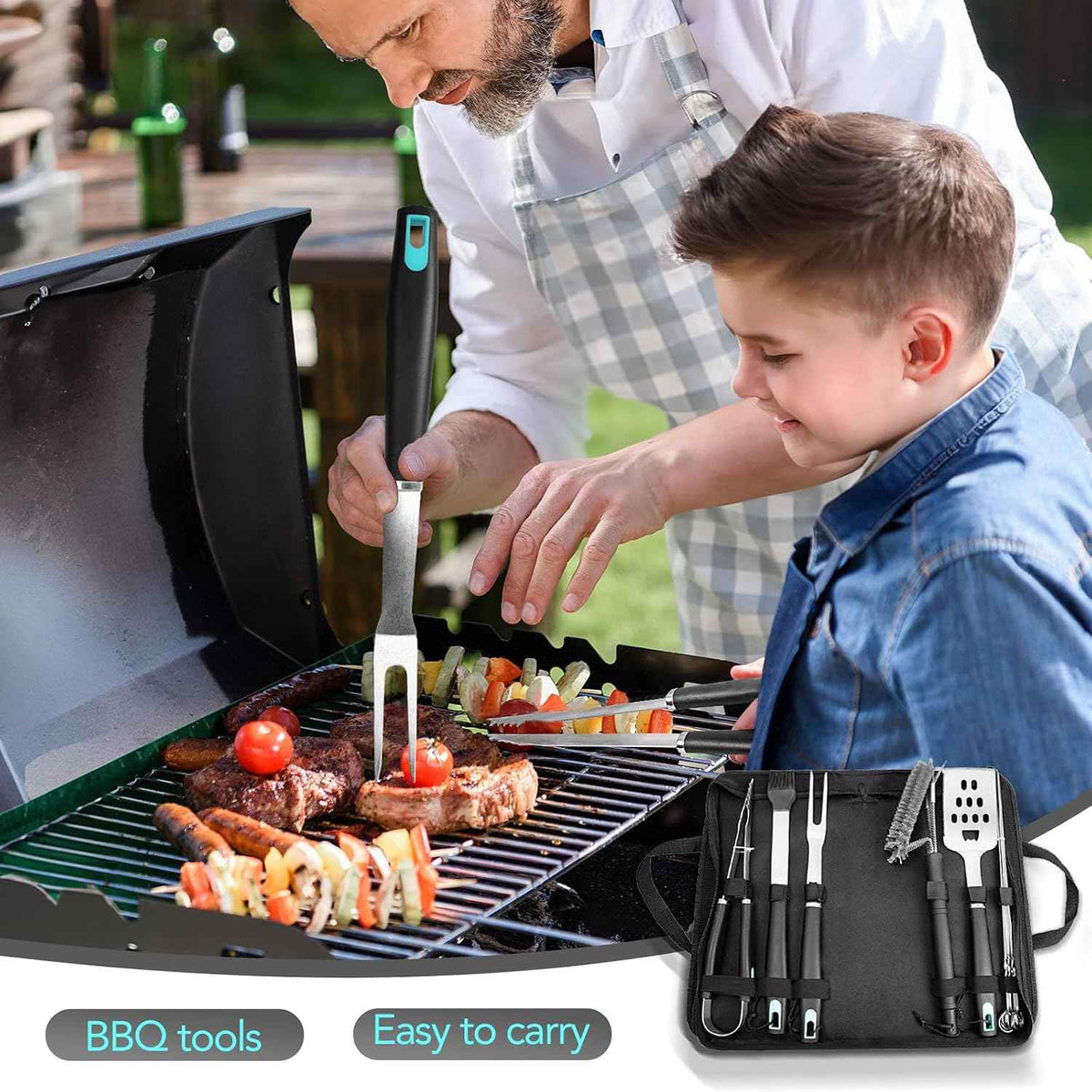 5-Piece Grill Tools Set, Heavy Duty BBQ Utensils with Extra Tough Wire Brush, Spatula, Tongs, Fork & Basting Brush – Outdoor Grilling Accessories & Gifts for Men Dad (Camping, Backyard)