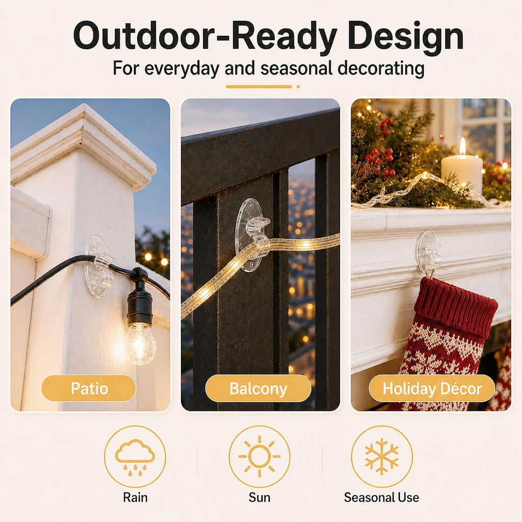 Outdoor String Lights Adhesive Hooks - 20Pcs Clips 3X Stronger Adhesion | Heavy Duty Waterproof Sticky Strips - Clear Removable Cord Holders - Hanging Christmas Decor - Patio Fence Wall Indoor Garage