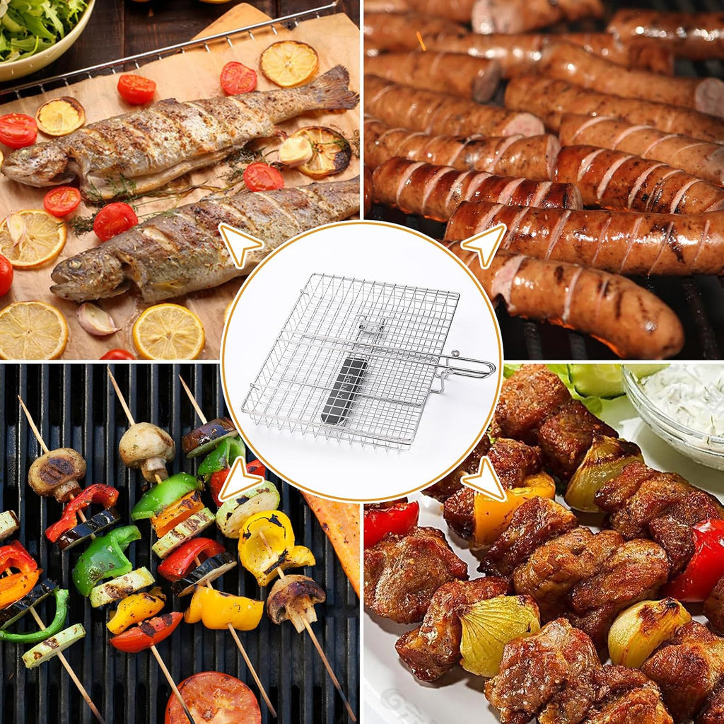 Eisinly BBQ Grilling Basket for Outdoor Grill with Removable Handle | Portable Grill Basket, Stainless Steel Camping Cooking Grill Accessories for Chicken Fish Vegetable, Easy to Clean