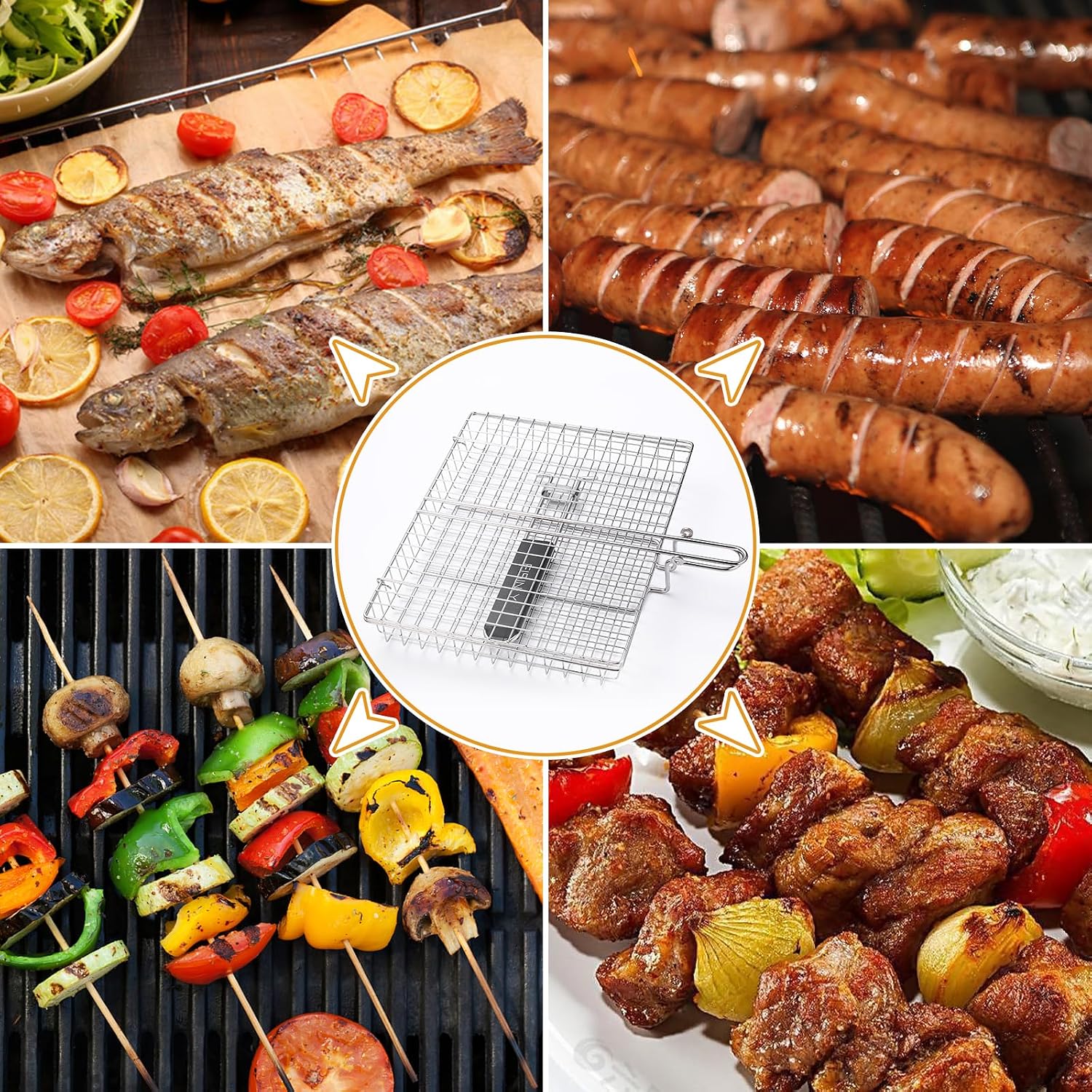Eisinly BBQ Grilling Basket for Outdoor Grill with Removable Handle | Portable Grill Basket, Stainless Steel Camping Cooking Grill Accessories for Chicken Fish Vegetable, Easy to Clean