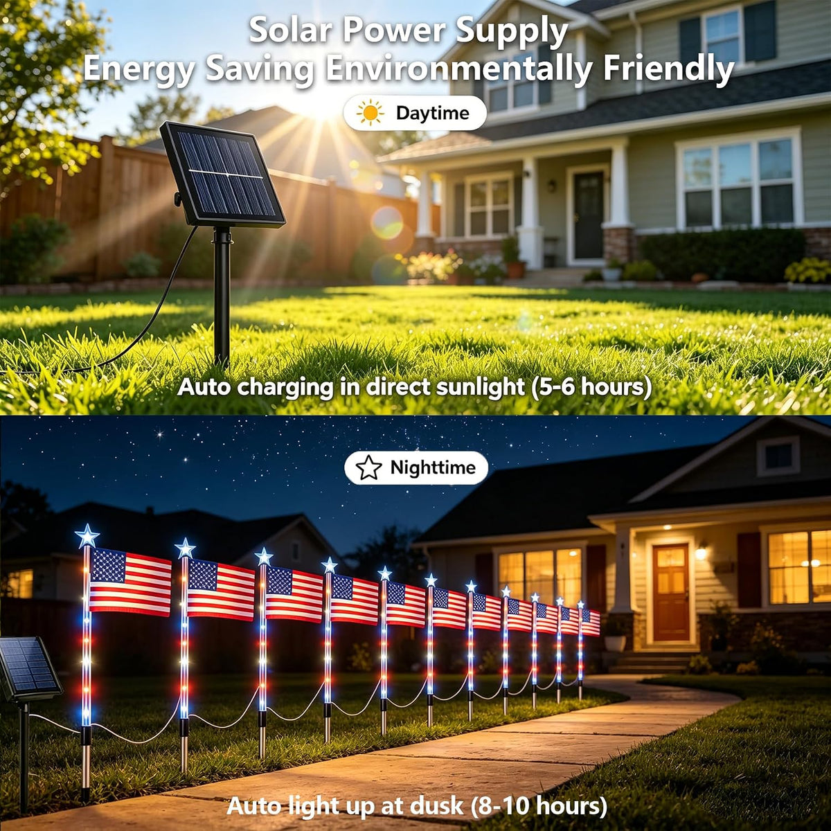 8 Pack Solar American Flag Pathway Lights - Patriotic Red White Blue Outdoor Stake Waterproof LED Lights with 8 Modes, Decorations 4th of July Memorial Day & Independence Day Yard Garden (Style A)