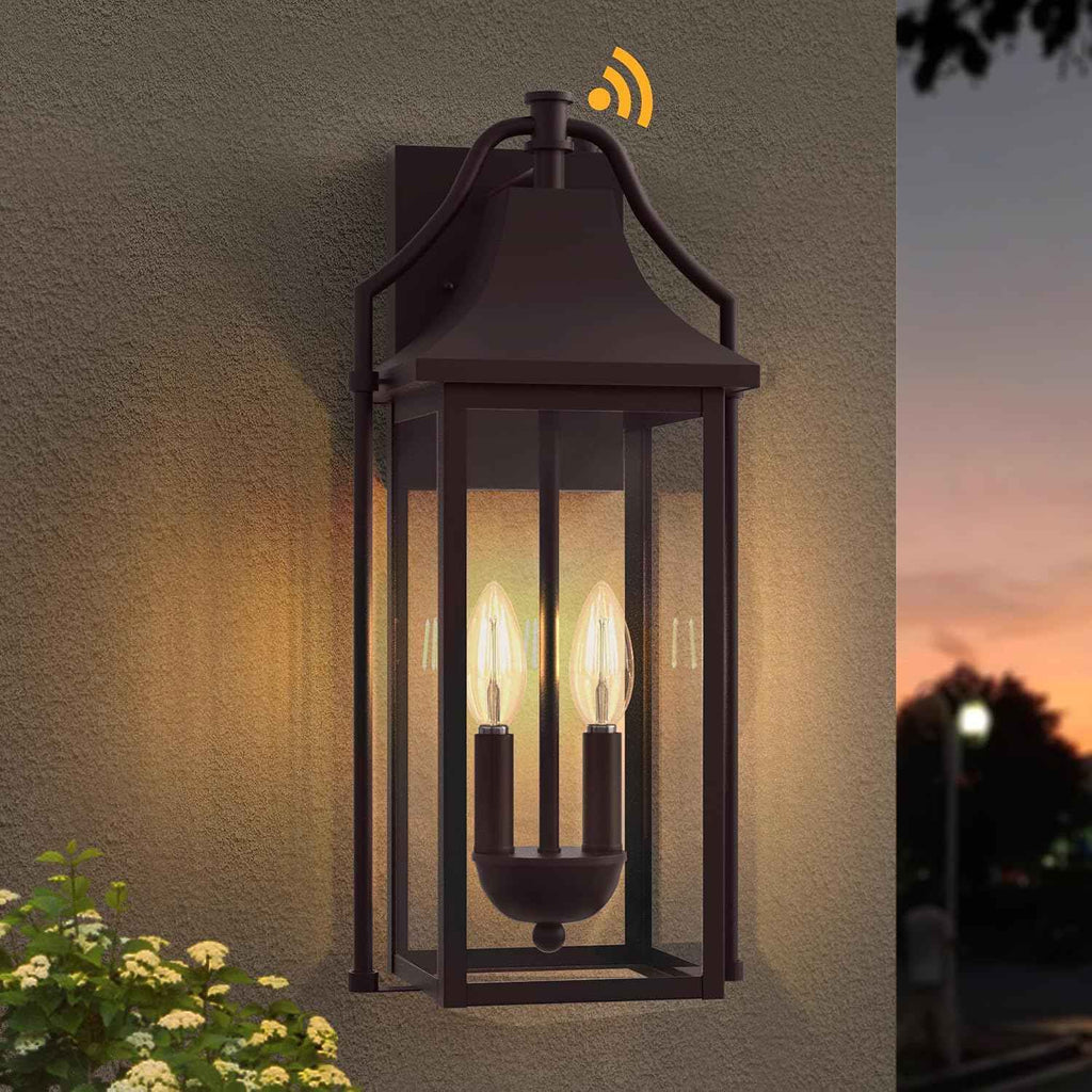 18IN Dusk to Dawn Outdoor Wall Sconce, 2-E12 Base Porch Light | Brown Waterproof Exterior Lantern, Modern Patio Light Fixture Mounted with Glass, Outside Light for House, ETL Listed