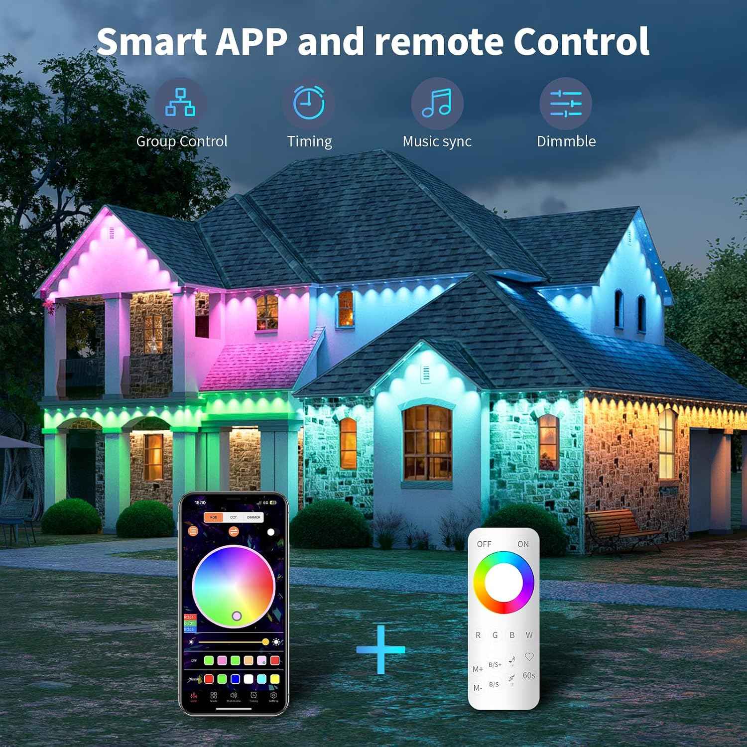 Permanent Outdoor Lights RGB 100FT/50LEDs Eaves String | IP68 Waterproof Music Sync Lights with Remote&APP Control Suitable for Holiday Christmas Garden Party Decor