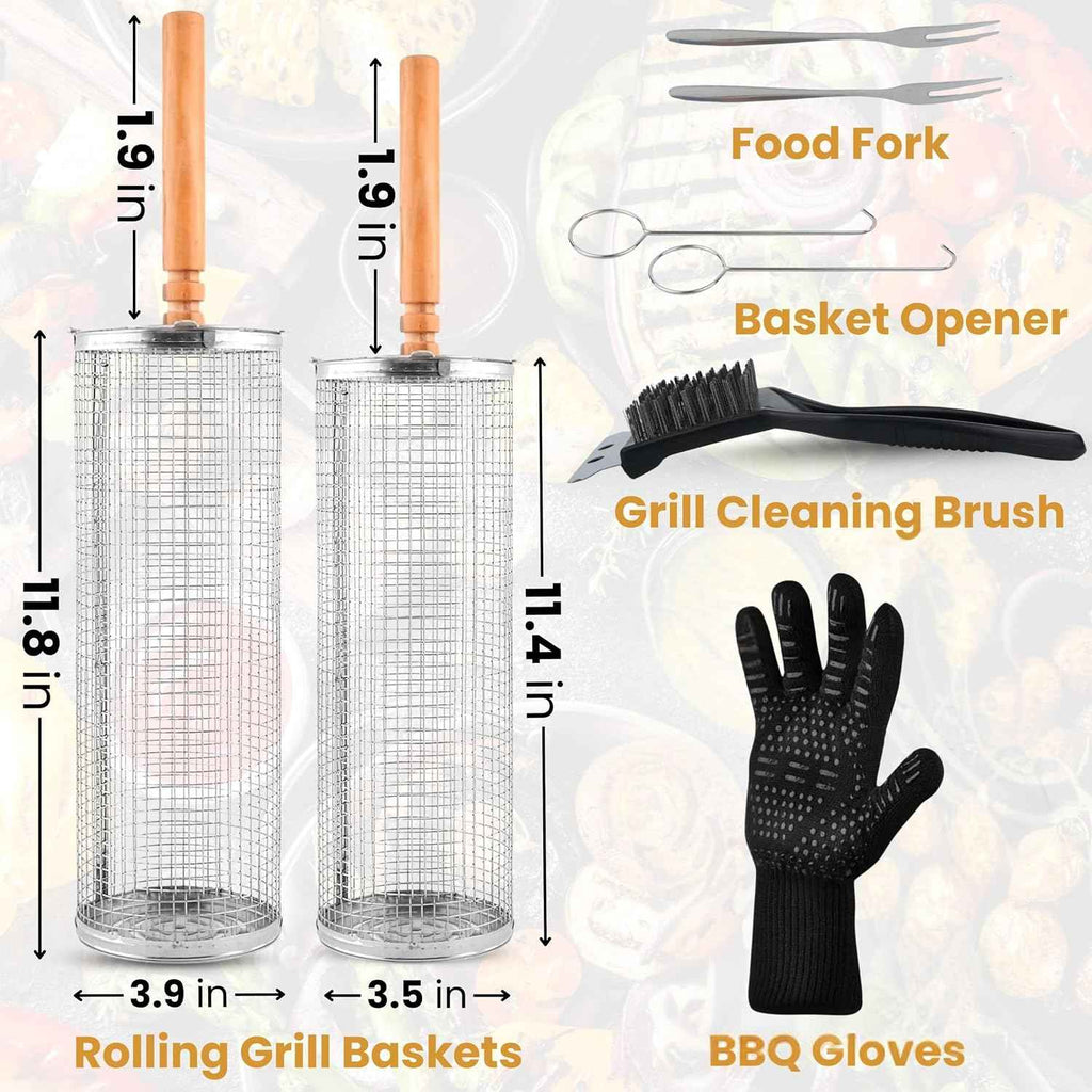 2X Rolling Grill Basket For Veggies Removable Wooden Handle 304 Stainless Steel Nesting Smoker Net BBQ Grilling Accessories Tools Kebab Fish Vegetable Steamer Basket Camping Cooking Outdoor Kitchen Food Rotisserie Barbeque Cooking Grilling Gifts For Me...