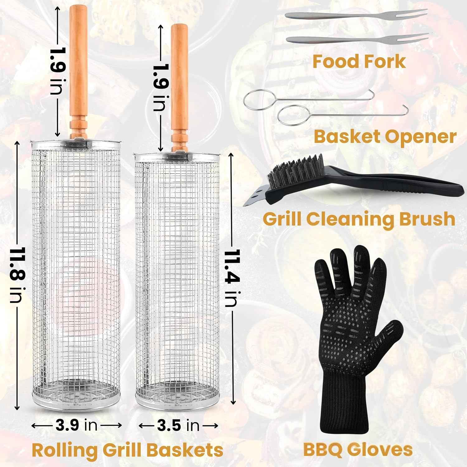 2X Rolling Grill Basket For Veggies Removable Wooden Handle 304 Stainless Steel Nesting Smoker Net BBQ Grilling Accessories Tools Kebab Fish Vegetable Steamer Basket Camping Cooking Outdoor Kitchen Food Rotisserie Barbeque Cooking Grilling Gifts For Me...