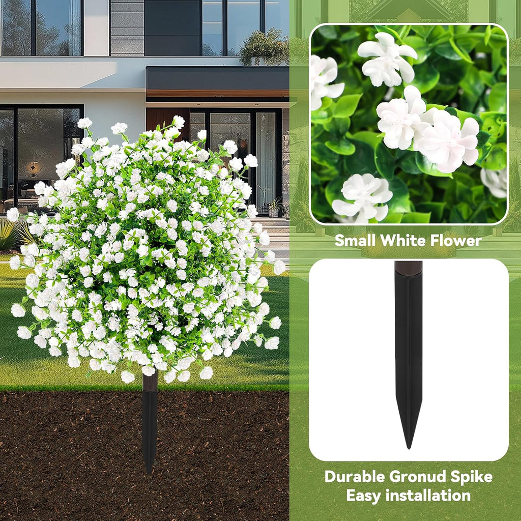 ENVEN White Artificial Flowers for Outdoors, 2 Pack | UV Resistant | 63-Stem Fake Greenery Bushes with Ground Stakes for Garden, Porch, Patio Decor (White Green)