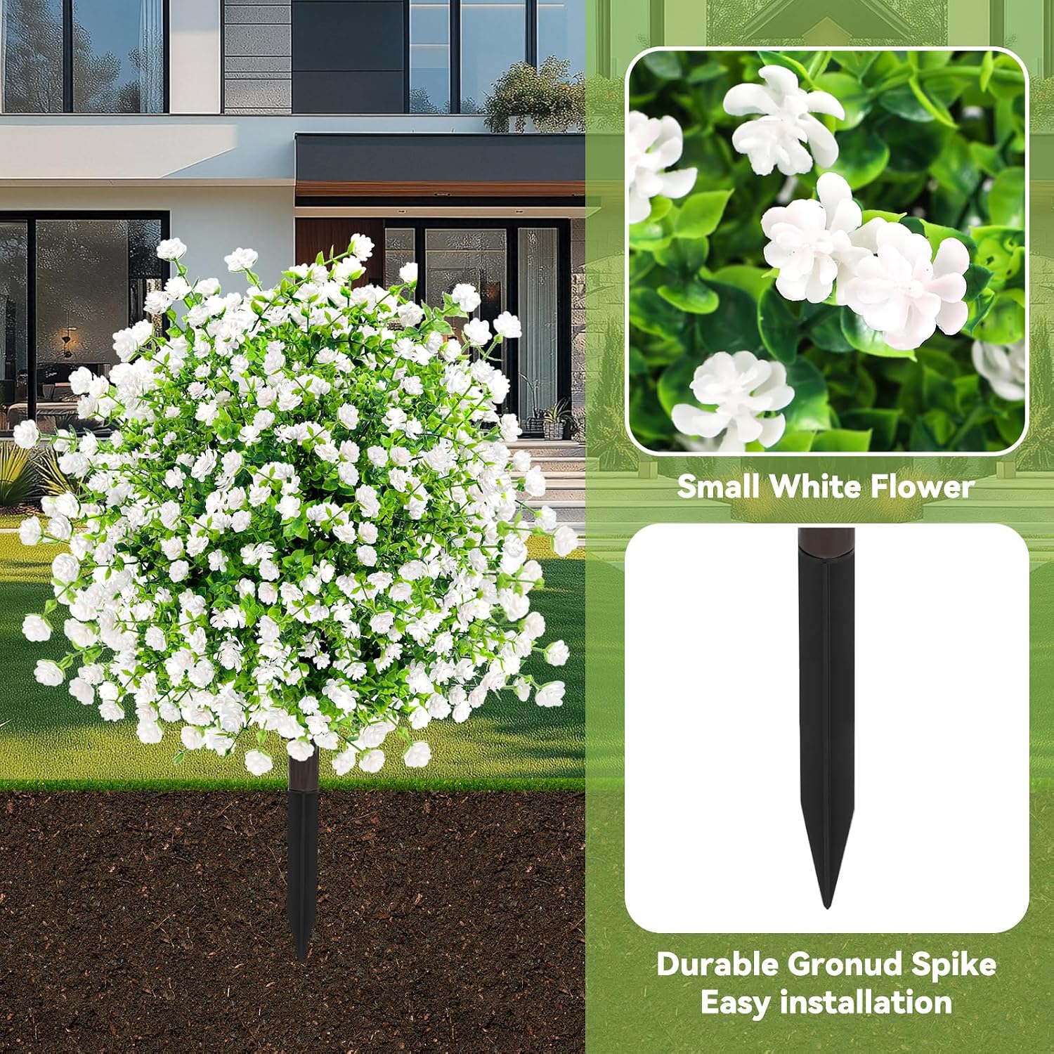 ENVEN White Artificial Flowers for Outdoors, 2 Pack | UV Resistant | 63-Stem Fake Greenery Bushes with Ground Stakes for Garden, Porch, Patio Decor (White Green)