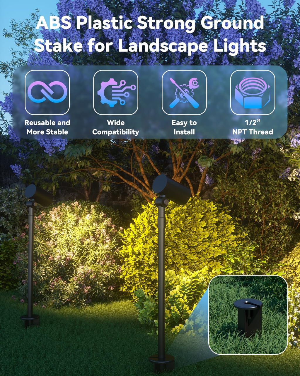 Landscape Light Stakes Replacement 1/2 NPT Female Thread 4-Pack | Corrosion-Resistant ABS Landscape Lighting Stakes, Ground Stake for 12V Low Voltage Pathway Lights, Spotlights, Flood Lights