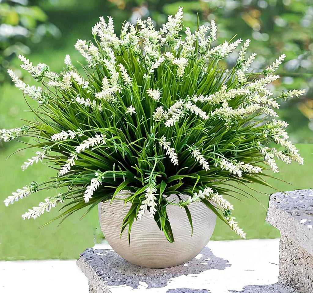 Artificial Faux Plants Flowers for Outdoor Decorations,Faux Plastic Fake Monkey Grass Greenery for Spring Summer UV Resistant Realistic Artificial Shrubs for Courtyard Window Garden(B-White, 12 PCS)