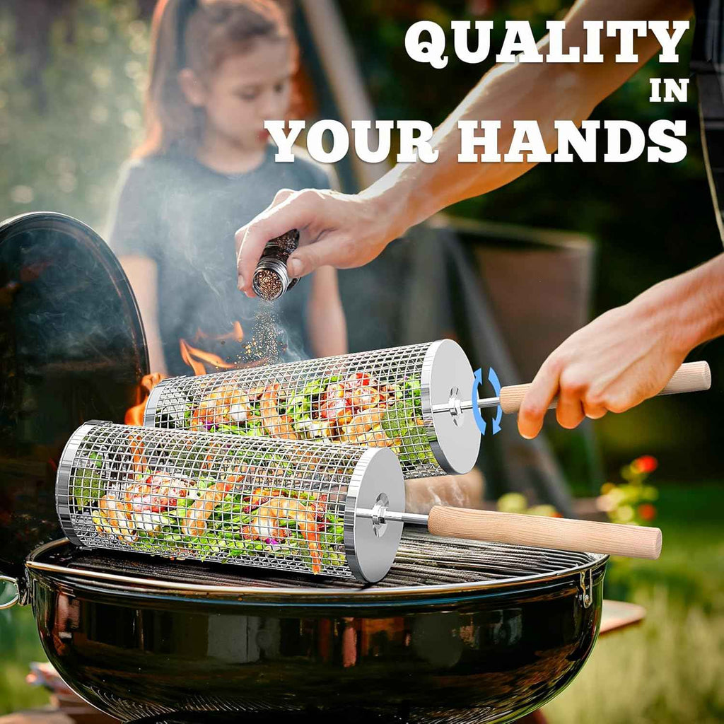 ivtivfu Rolling Grill Basket, Removable Wooden Handle, Nesting BBQ Tools | 304 Stainless Steel, Smoker Grilling Accessories for Vegetable, Outdoor Cooking Camping, Birthday Gifts for Men Dad Husband