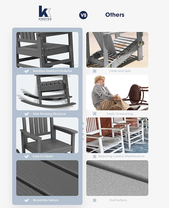 KINGYES HDPE Patio Rocking Chair Set of 2, Outdoor Rocking Chairs Porch Rocker - Image 5